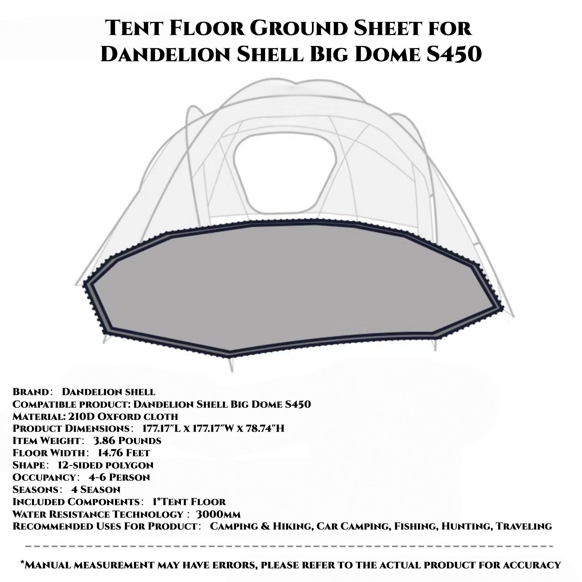 Dandelion Shell Tent Floor Ground Sheet for Dome S450 Camping Hot Tent 4-6 Person for Camping Hiking Hunting Fishing Waterproof Windproof Lightweigh