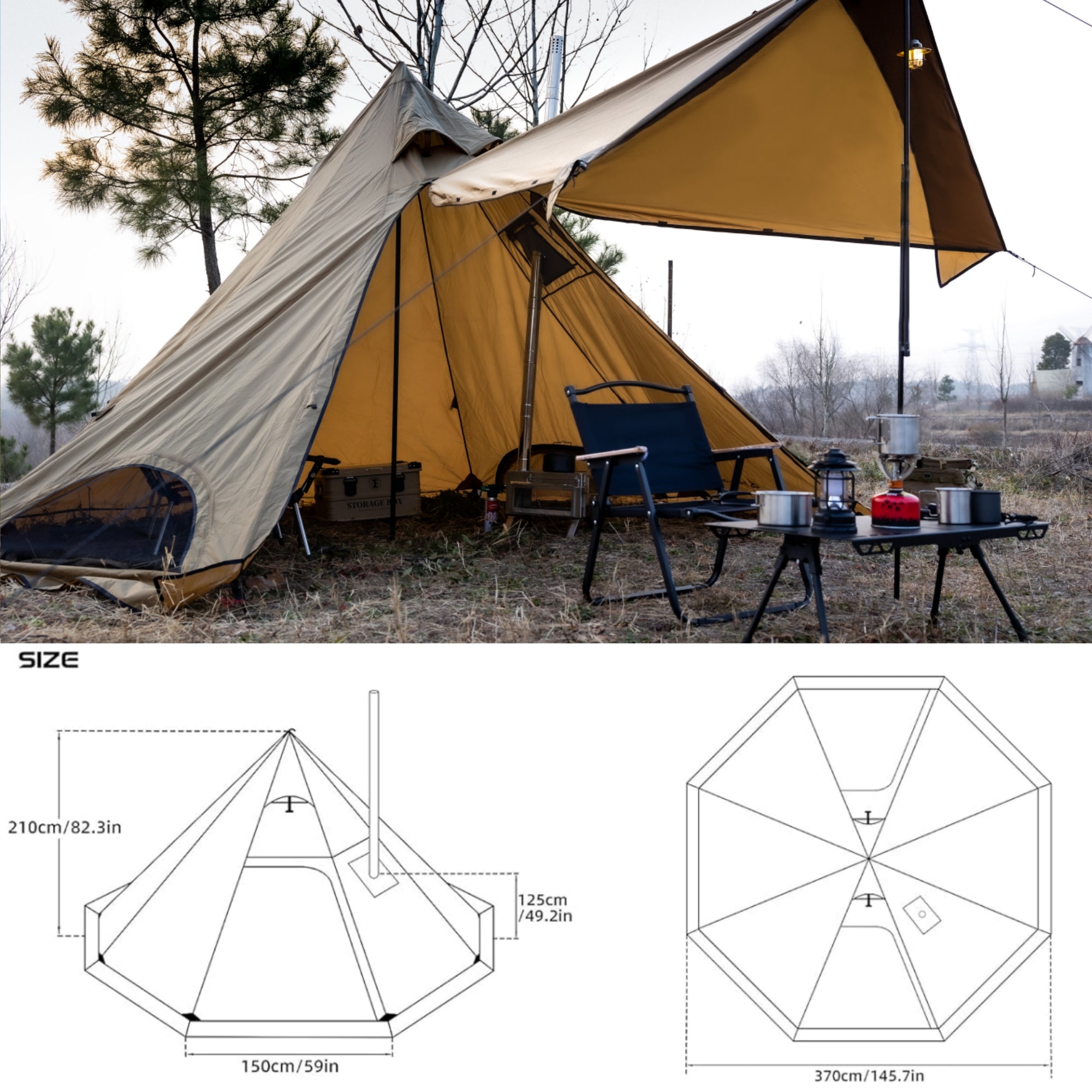 Dandelion Shell Hot Tent with Stove Jack & Snow Skirt, 4-Season, 3-4 Person, 4.8lb, Waterproof & Windproof, Ideal for Camping, Backpacking, Hiking, Hunting, and Fishing Polyester Brown