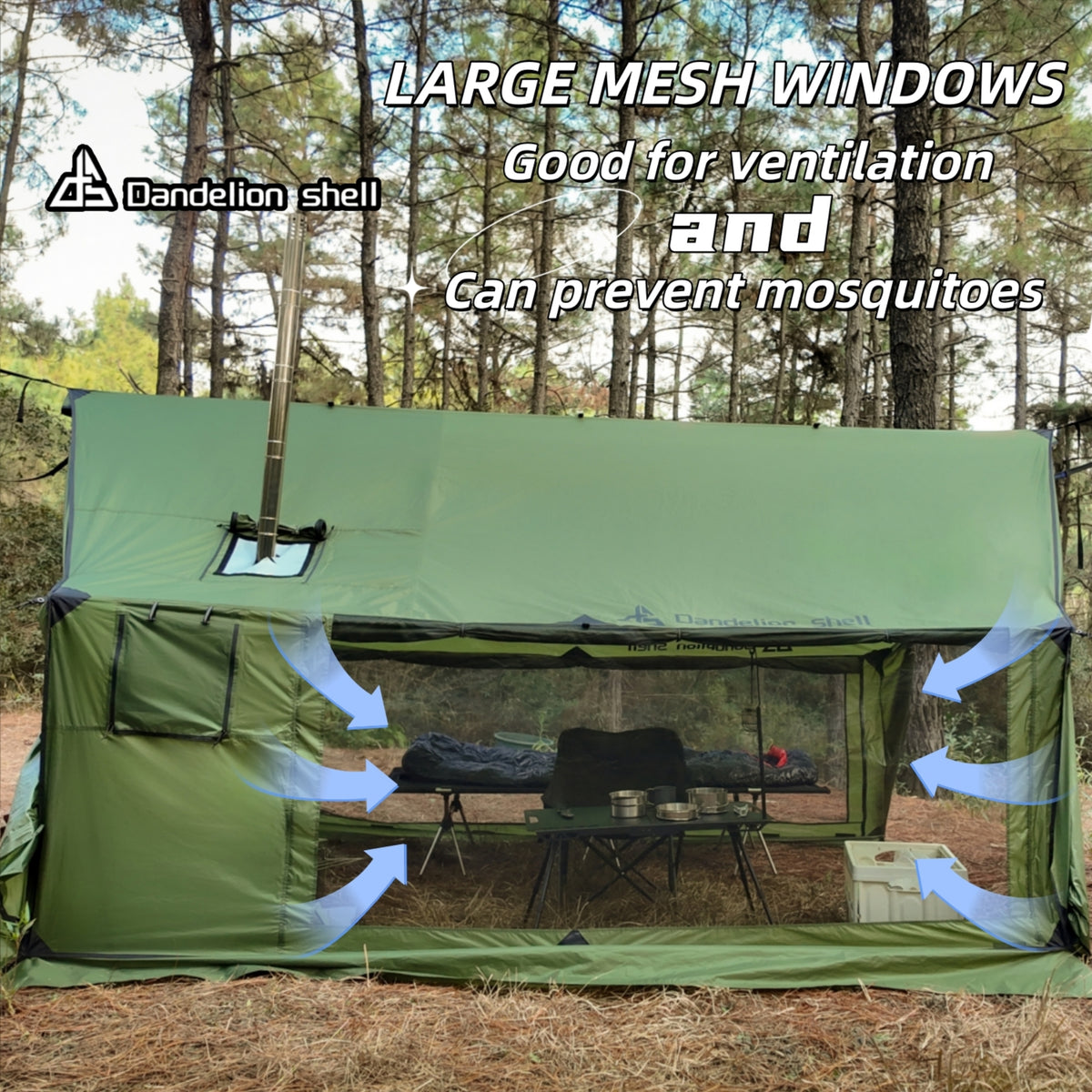 Dandelion Shell Hammock Hot Tent with Stove Jack and Double-Sided mesh Windows - Spacious, Versatile Wall Tent with Snow Skirt(No Poles)-Green Waterproof & Windproof, Ideal for Camping, Backpacking