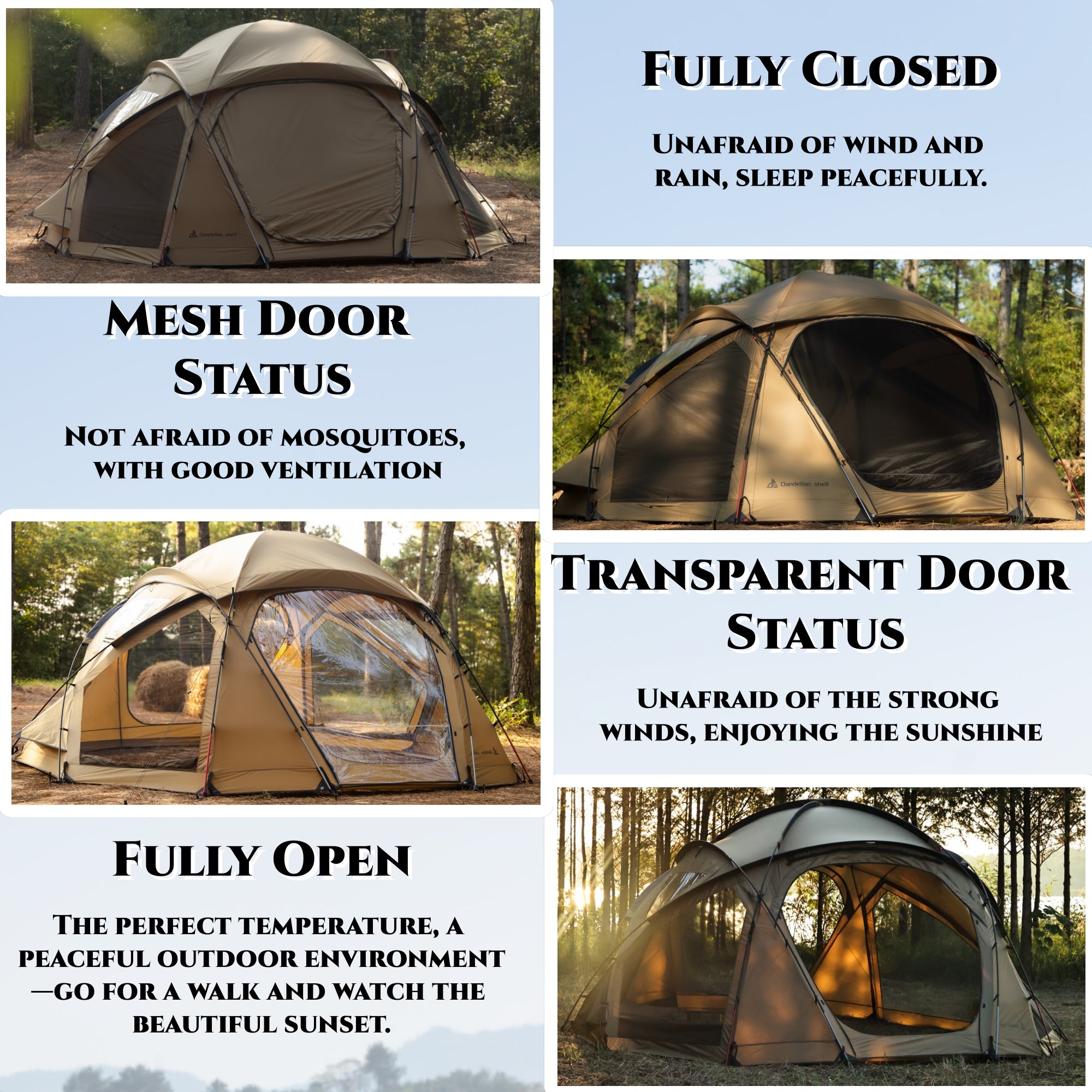 Dandelion Shell 4 Season Camping Hot Tent with Stove Jack(Dome S450) for 4-6 Person | Windproof, Waterproof Hot Tent with Stove Jack and Snow Skirt for Camping, Hiking, Backpacking and Outdoor Adventures
