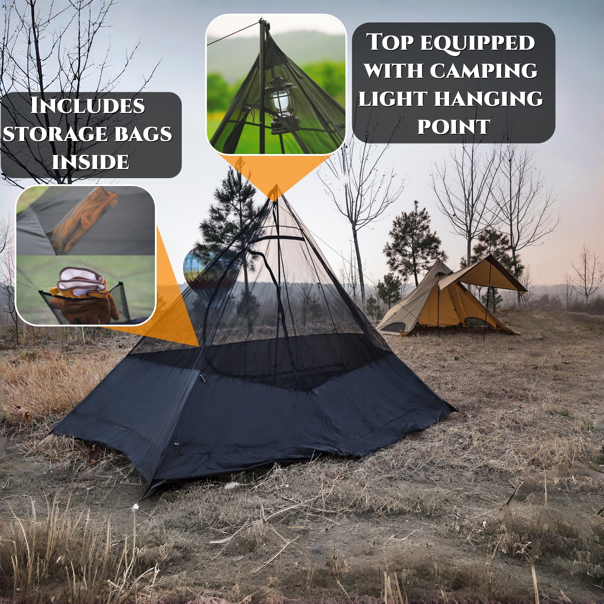 2 Person Mesh Inner with 3000mm Bath Floor for Tipi Hot Tent – Camping, Hiking, Hunting, Fishing, Waterproof, Windproof, Lightweight