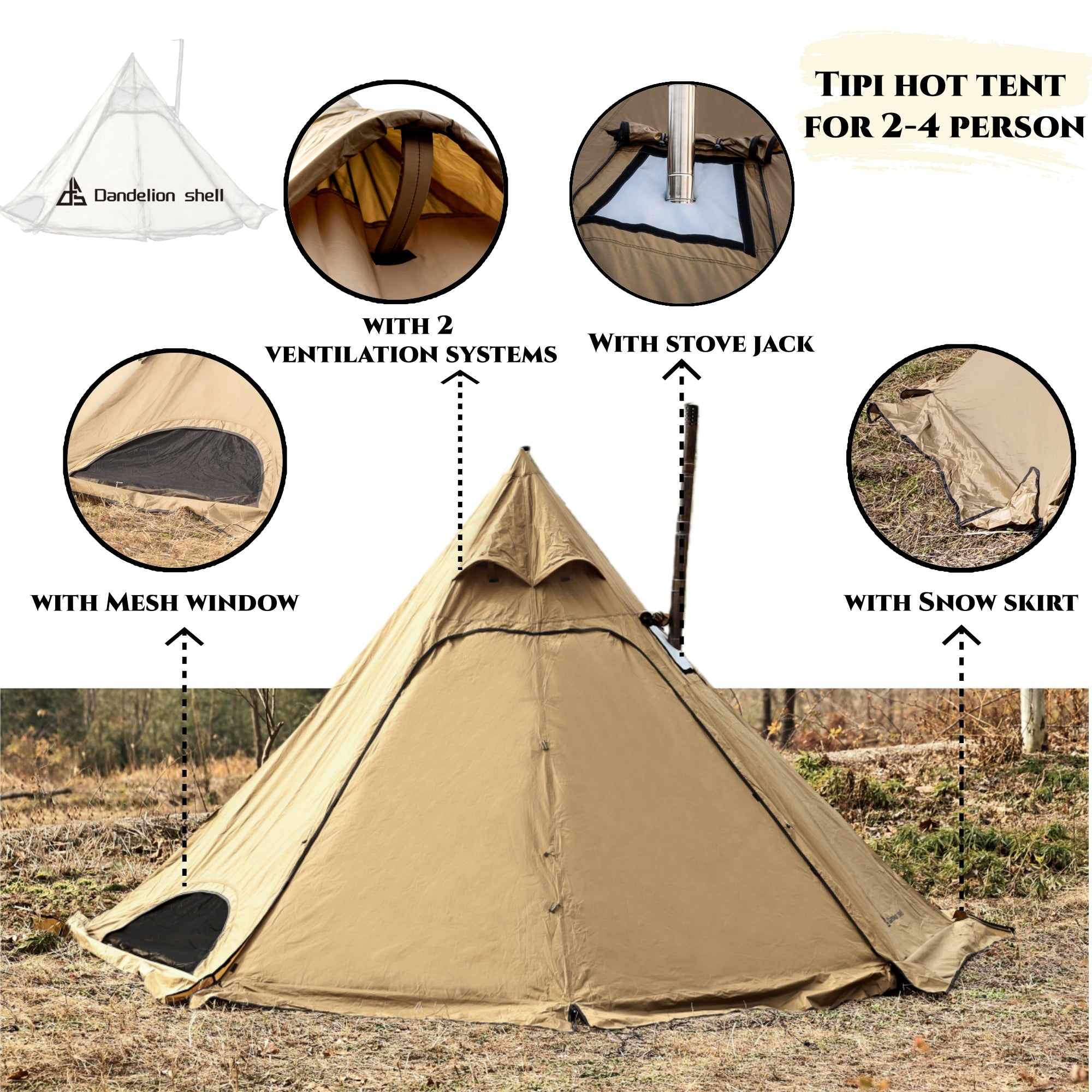 Dandelion Shell Hot Tent with Stove Jack & Snow Skirt, 4-Season, 3-4 Person, 4.8lb, Waterproof & Windproof, Ideal for Camping, Backpacking, Hiking, Hunting, and Fishing Polyester Brown