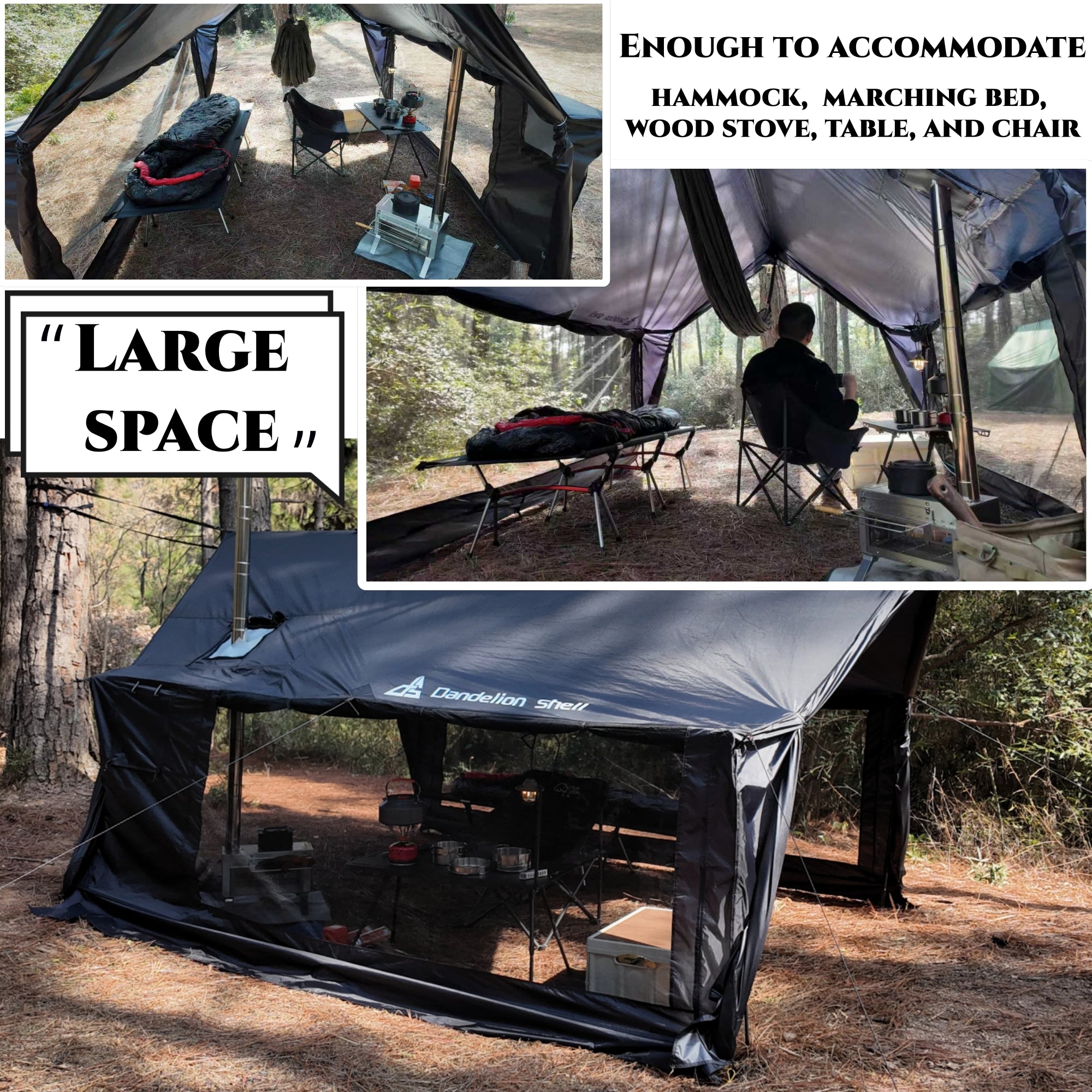 Hammock Hot Tent with Stove Jack and Double-Sided mesh Windows - Spacious, Versatile Wall Tent with Snow Skirt(No Poles)-Black Waterproof & Windproof, Ideal for Camping, Backpacking