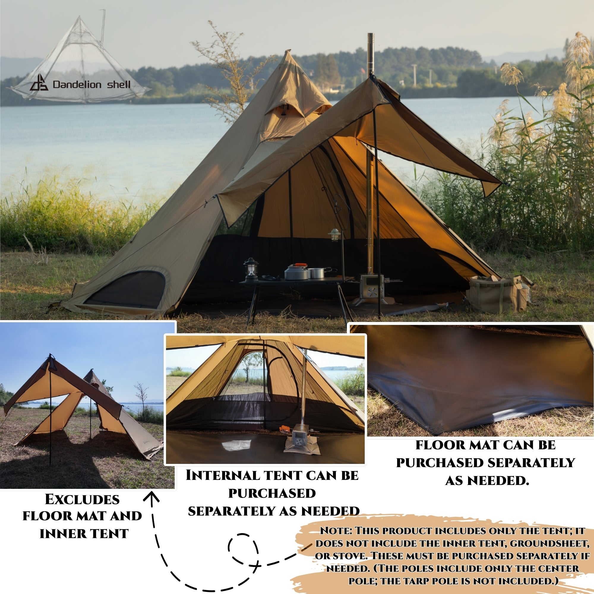 Dandelion Shell Hot Tent with Stove Jack & Snow Skirt, 4-Season, 3-4 Person, 4.8lb, Waterproof & Windproof, Ideal for Camping, Backpacking, Hiking, Hunting, and Fishing Polyester Brown