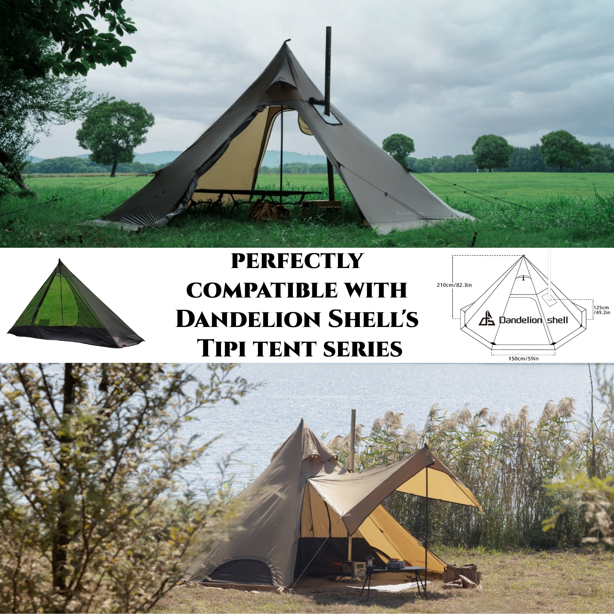 2 Person Mesh Inner with 3000mm Bath Floor for Tipi Hot Tent – Camping, Hiking, Hunting, Fishing, Waterproof, Windproof, Lightweight