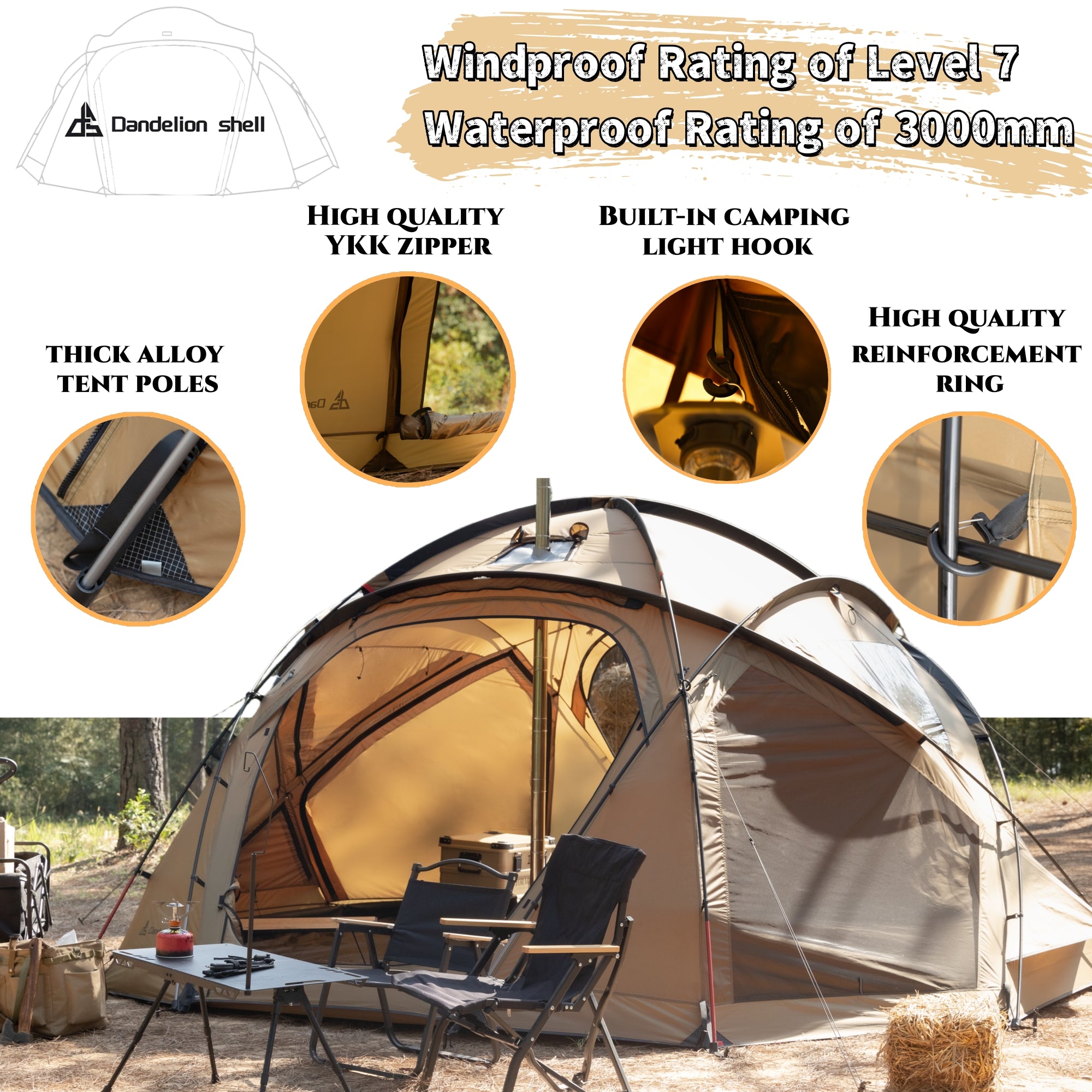 Dandelion Shell 4 Season Camping Hot Tent with Stove Jack(Dome S450) for 4-6 Person | Windproof, Waterproof Hot Tent with Stove Jack and Snow Skirt for Camping, Hiking, Backpacking and Outdoor Adventures