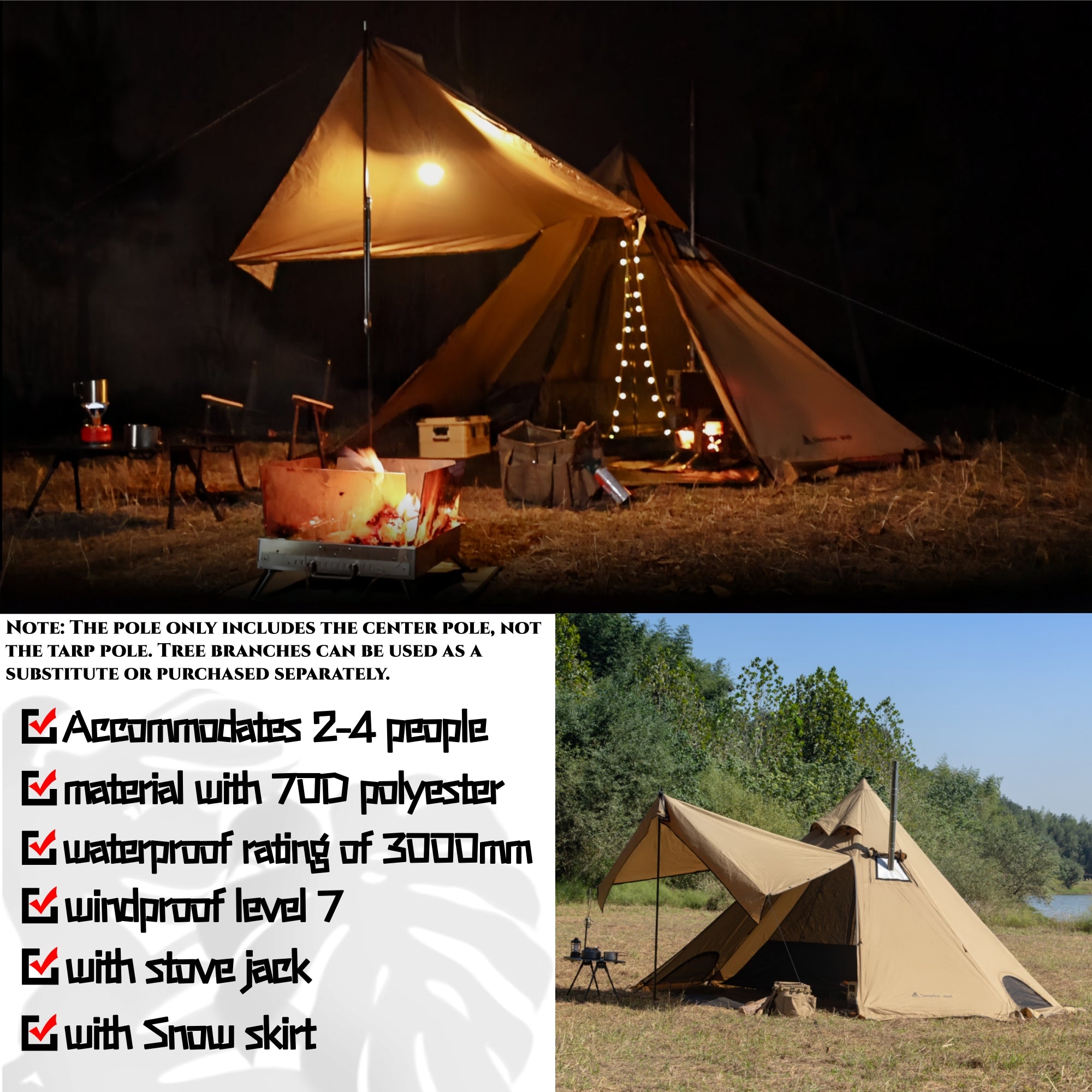 Dandelion Shell Hot Tent with Stove Jack & Snow Skirt, 4-Season, 3-4 Person, 4.8lb, Waterproof & Windproof, Ideal for Camping, Backpacking, Hiking, Hunting, and Fishing Polyester Brown