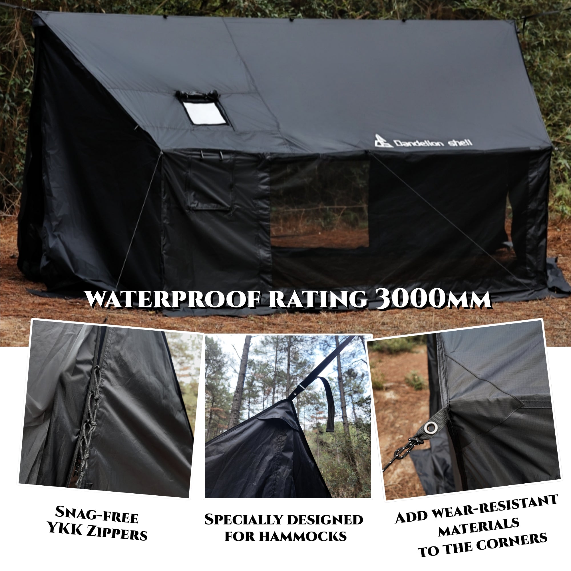 Hammock Hot Tent with Stove Jack and Double-Sided mesh Windows - Spacious, Versatile Wall Tent with Snow Skirt(No Poles)-Black Waterproof & Windproof, Ideal for Camping, Backpacking