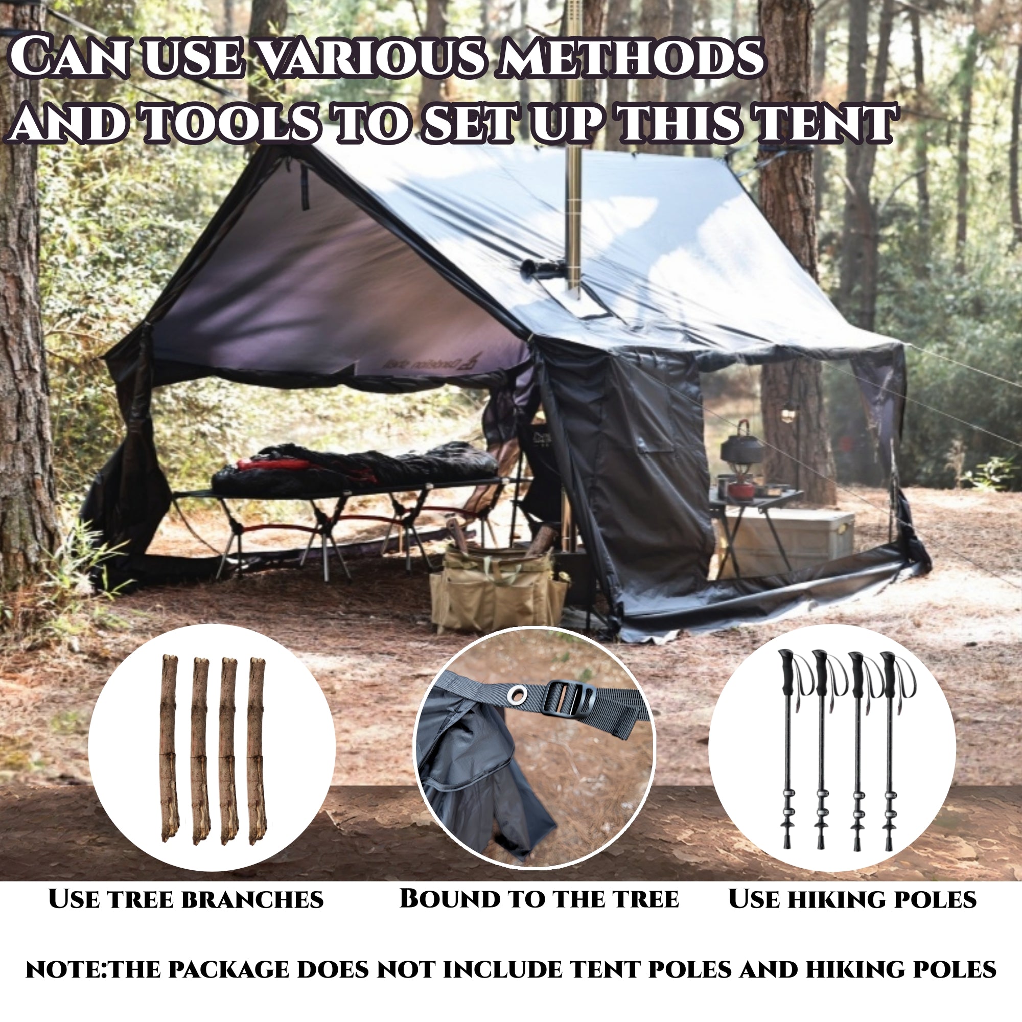 Hammock Hot Tent with Stove Jack and Double-Sided mesh Windows - Spacious, Versatile Wall Tent with Snow Skirt(No Poles)-Black Waterproof & Windproof, Ideal for Camping, Backpacking