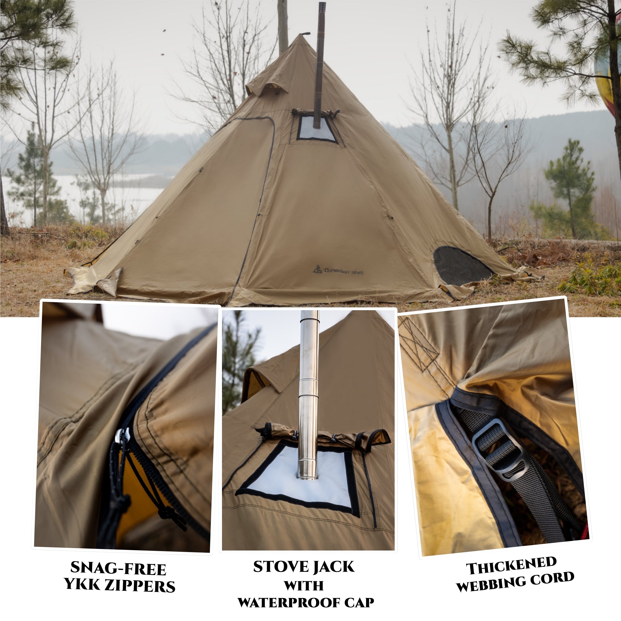 Dandelion Shell Hot Tent with Stove Jack & Snow Skirt, 4-Season, 3-4 Person, 4.8lb, Waterproof & Windproof, Ideal for Camping, Backpacking, Hiking, Hunting, and Fishing Polyester Brown