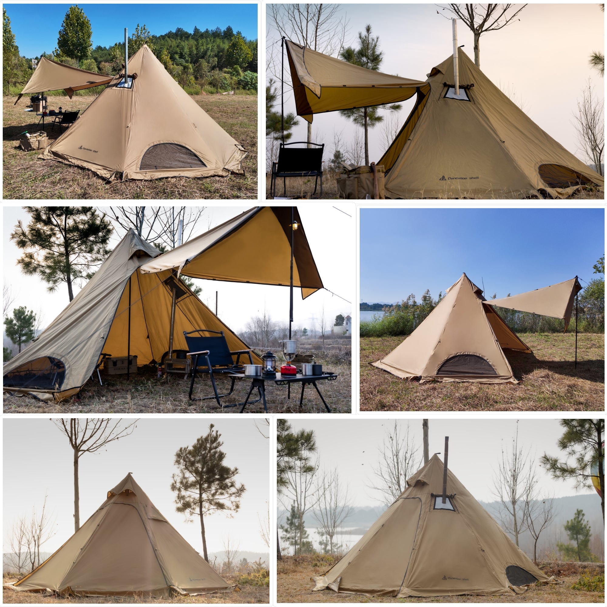 Dandelion Shell Hot Tent with Stove Jack & Snow Skirt, 4-Season, 3-4 Person, 4.8lb, Waterproof & Windproof, Ideal for Camping, Backpacking, Hiking, Hunting, and Fishing Polyester Brown